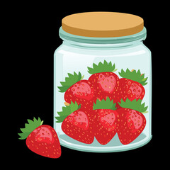 A Large Glass Jar Filled to the Brim with Freshly Picked Red Strawberries, Ready for Jam - Vector Illustration