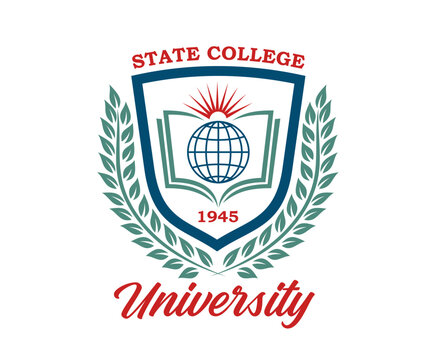 University college icon. Vector emblem with globe, book and laurel wreath in shield frame. Educational badge with sunburst, green leaves, blue lines. Academic label for global knowledge and learning