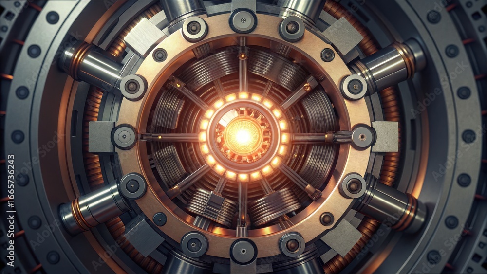 Poster detailed view of experimental fusion core structure with lighting effects