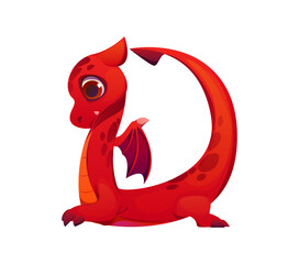 Fantasy red dragon character font letter D. Fantasy dragon kids ABC typeset sign, Asian monster personage cartoon vector type element. Fairy animal character English alphabet font symbol or letter