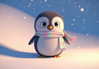 Obraz premium Adorable, fluffy penguin with a pastel scarf stands in soft snow under a gentle glow, casting a shadow