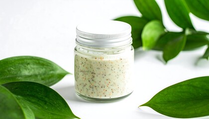 Organic cosmetic cream or body scrub in a reusable glass container surrounded by green foliage for a natural beauty concept