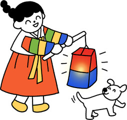 명절 한복 청사초롱 여자 사람 강아지 컬러