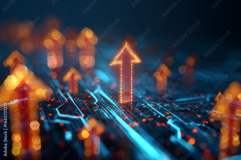 Poster digital background featuring glowing arrows pointing upwards on a circuit board, representing upward
