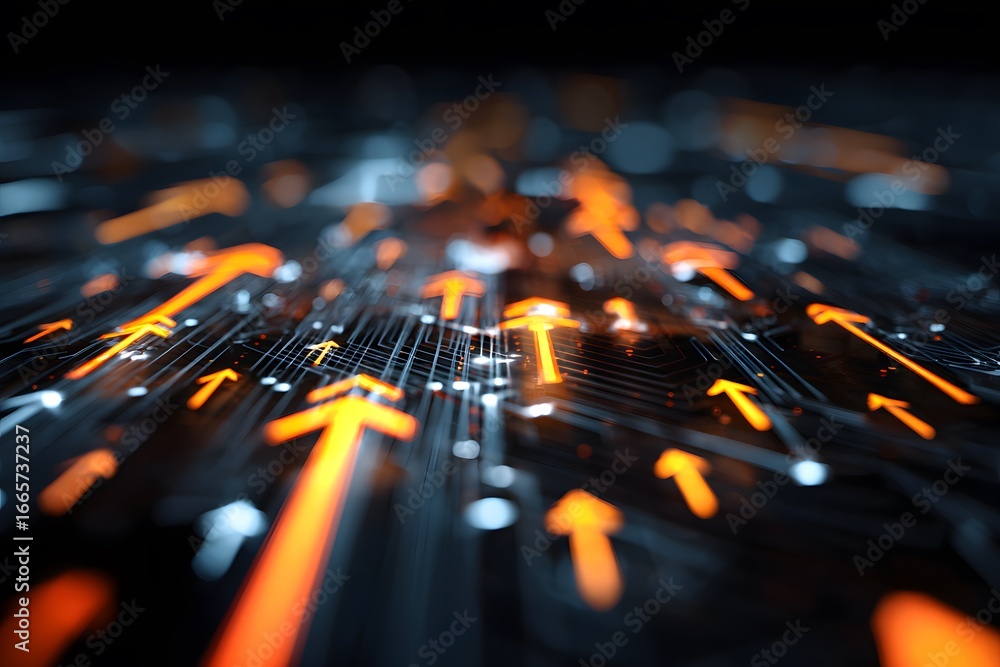 Poster digital background featuring glowing arrows pointing upwards on a circuit board, representing upward