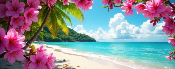 Vibrant pink blossoms frame a tranquil tropical beach scene , plumeria, summer