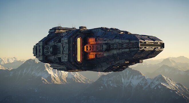 Futuristic Flying Vehicle Above Mountains. - Powered by Adobe