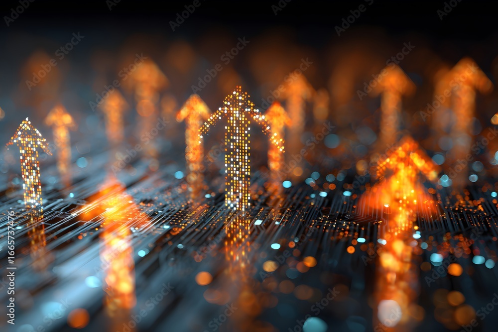 Poster digital background featuring glowing arrows pointing upwards on a circuit board, representing upward
