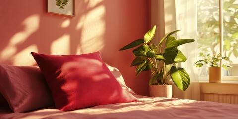 Cozy pink bedroom with red accent pillow and green plant.