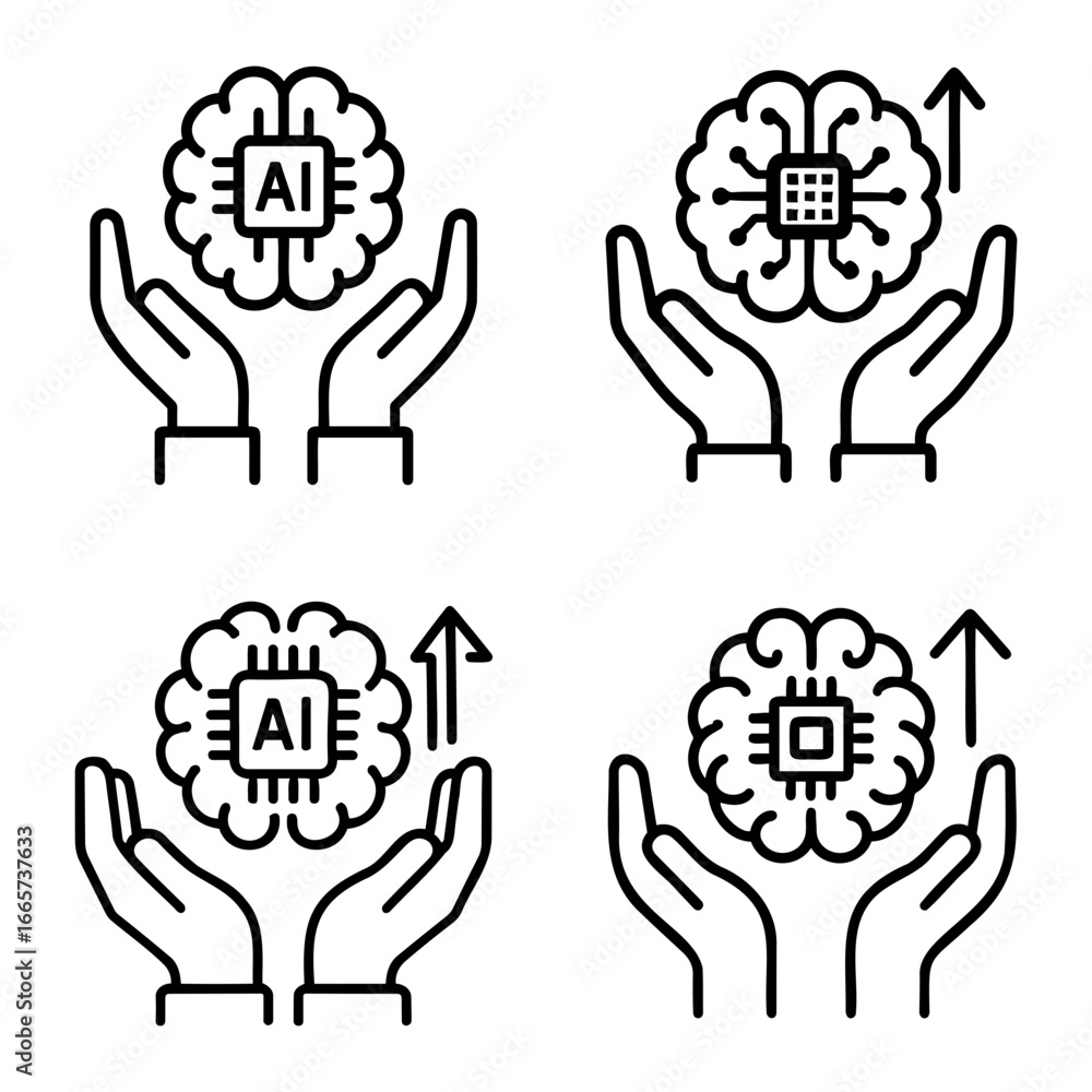 Poster four ai brain icons held in hands with arrows indicating progress and growth on transparent backgrou