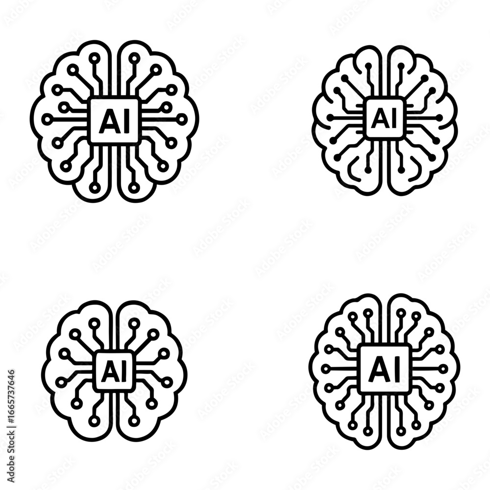 Poster four ai brain icons with circuit board design representing artificial intelligence on transparent ba