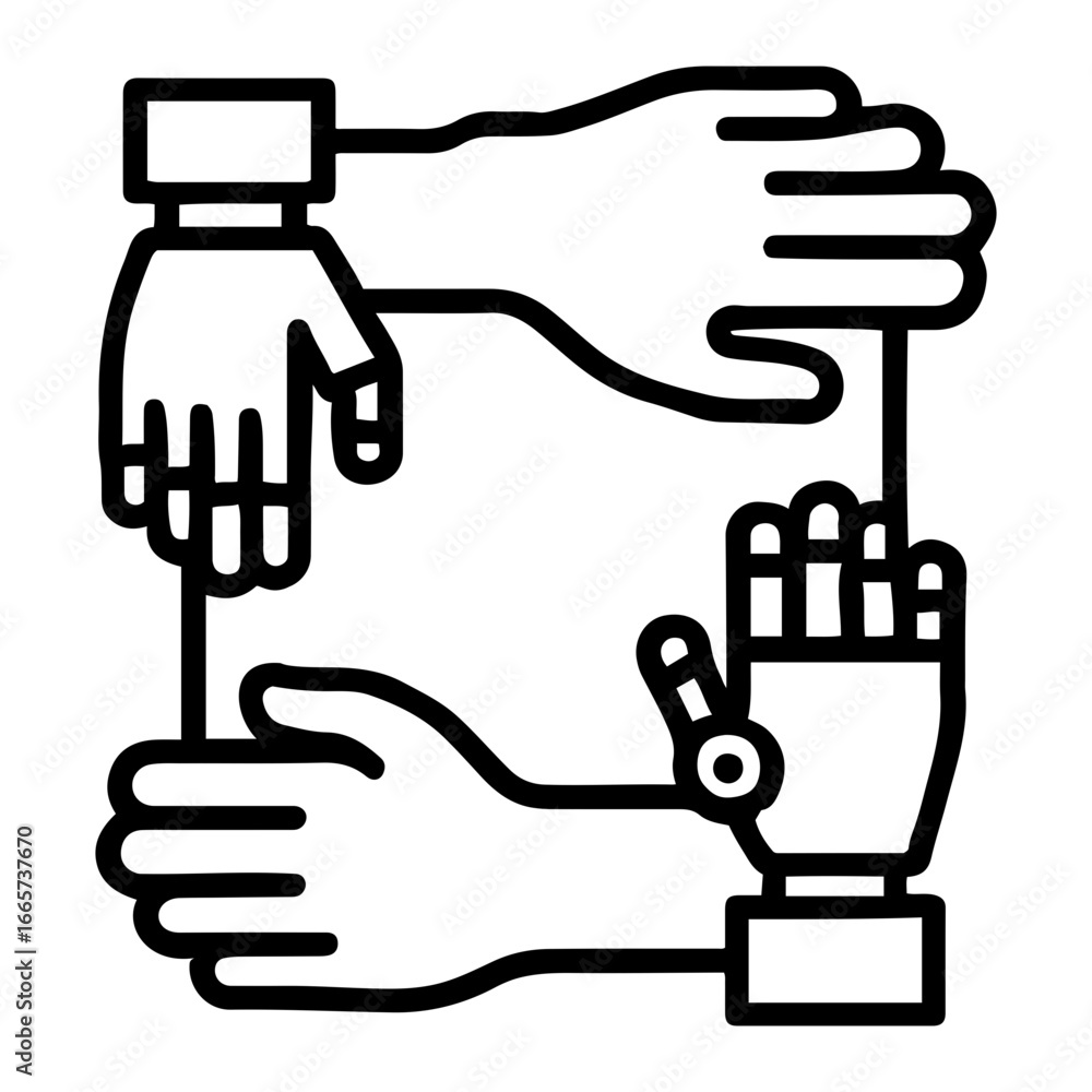 Aufkleber four hands connected in a square shape with one robotic hand in the formation on transparent backgro
