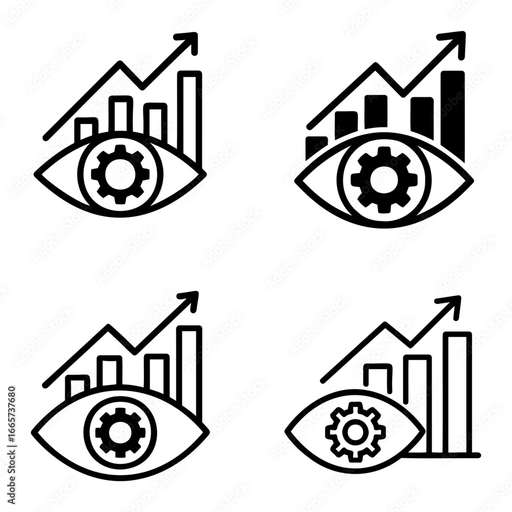 Poster four icons of eye with gear inside and chart showing upward trend and progress on transparent backgr
