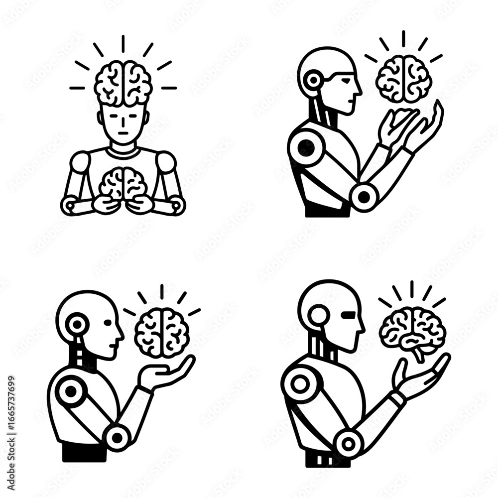 Poster four illustrations of robots holding brains with radiating light lines above them on transparent bac