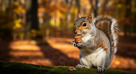 Fototapeta premium Gray Squirrel Eating Acorn in Autumn Forest.