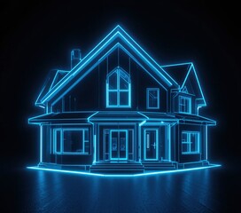 Futuristic House Design Neon Blue Glow Wireframe 3D Render Modern Architecture Home Building