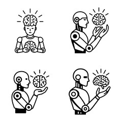 Four illustrations of robots holding brains with radiating light lines above them on transparent background