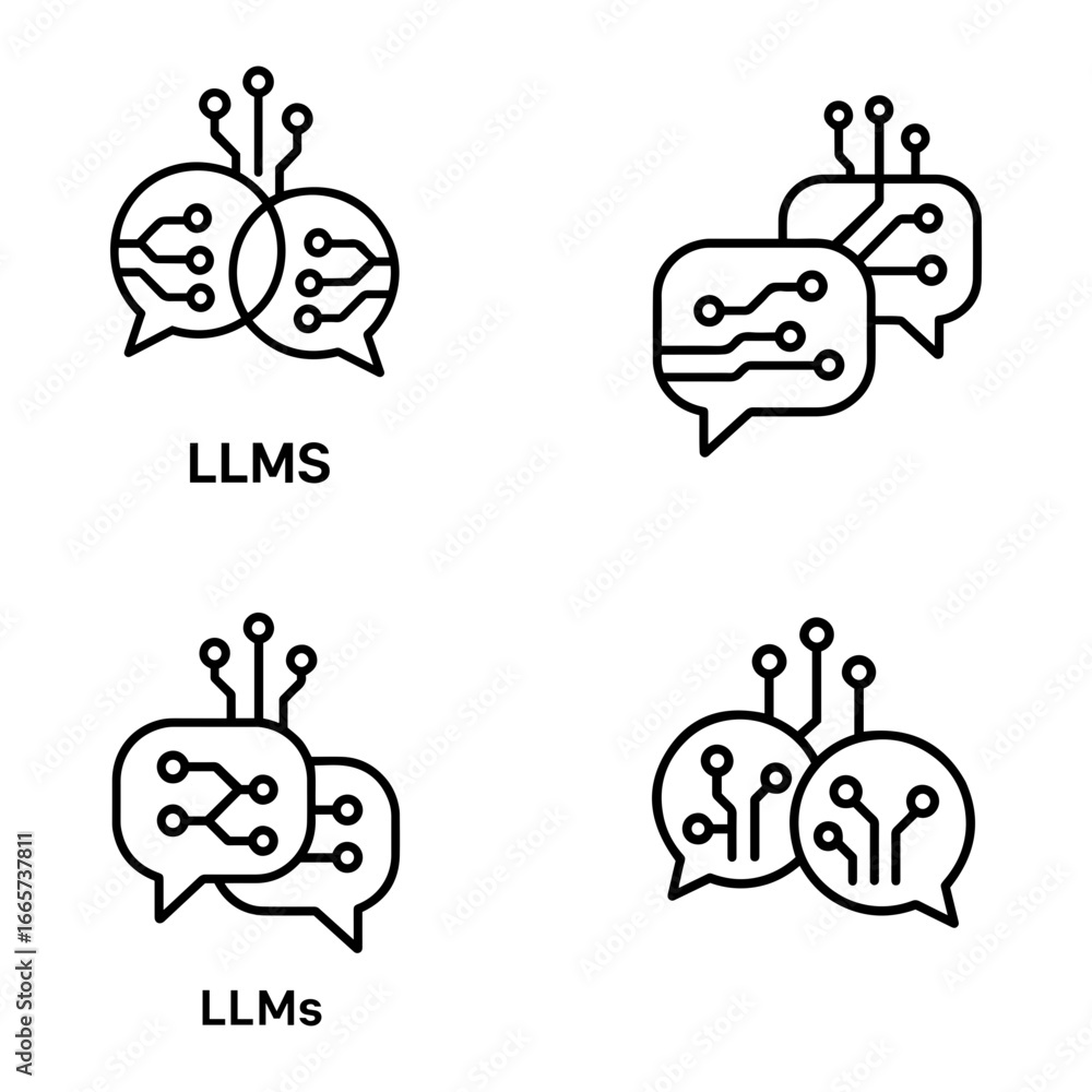 Poster illustration showing llms concept with speech bubbles and circuit board patterns on transparent back