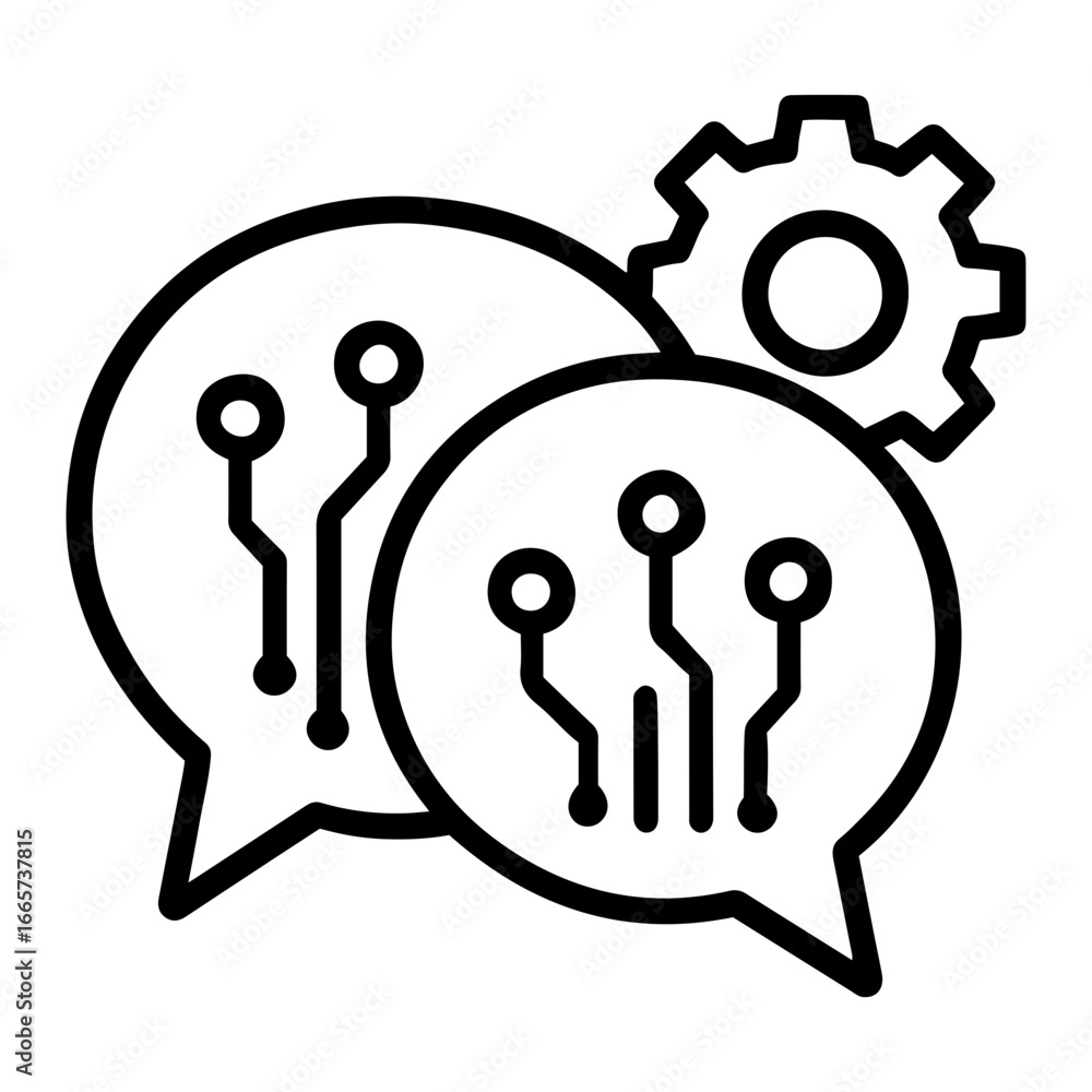 Poster two speech bubbles with circuit patterns and a gear icon, representing technology on transparent bac