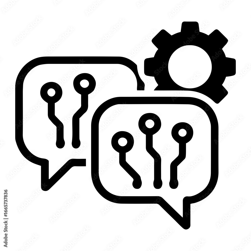 Poster two speech bubbles with circuits and a gear representing tech communication ideas on transparent bac