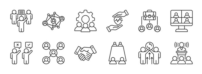 Human Interaction Line Editable Icons set Collection. Containing communication, connection, chat, relationships, socializing, meetings, group, relationship and more. Editable stroke. EPS 10