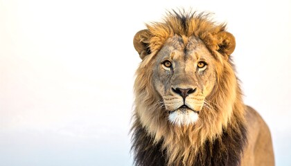Majestic lion, with a rich golden mane, stares directly into the camera against a plain white background.