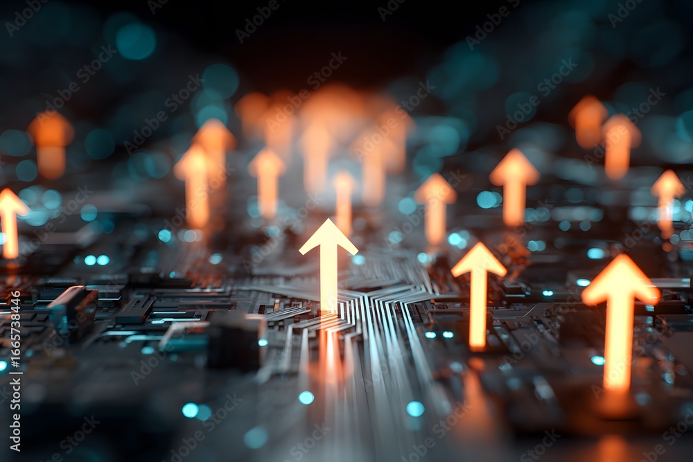 Poster digital background featuring glowing arrows pointing upwards on a circuit board, representing upward