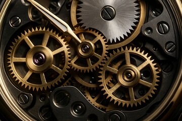 Intricate clockwork mechanism with golden gears and intricate details