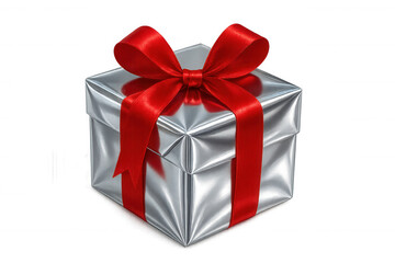 Obraz premium Silver gift box tied with shimmering red ribbon, gleaming against transparent backdrop, symbolizing festive celebration