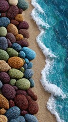 Colorful stones meet a turquoise wave on sandy beach