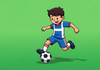 Cartoon of a young boy in a blue uniform kicking a soccer ball against a green background with cast shadow