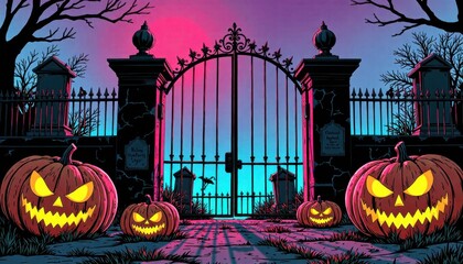 Spooky Halloween Cemetery Gate:  Carved Pumpkins, Gothic Style, Night Scene