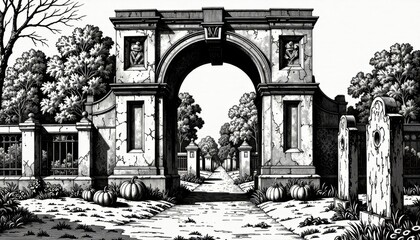 Fototapeta premium Gothic Cemetery Archway: Monochrome Halloween Illustration, Spooky Autumn Path