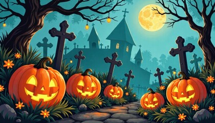 Spooky Halloween graveyard scene: Jack-o'-lanterns, church, full moon.