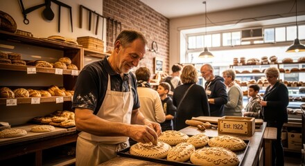 Smiling baker meticulously decorates artisanal bread in a bustling vintage bakery with waiting customers.