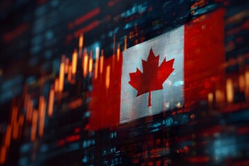 Canadian flag with a stock market chart background, showcasing Canadian financial news and analysis on a digital screen. 