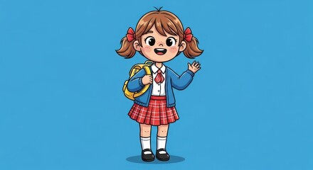 Cheerful cartoon schoolgirl with backpack, waving, set against a solid blue background