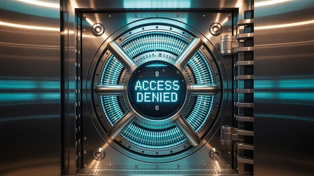 Futuristic bank vault door with access denied message
