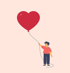 childcare and and social support. boy holds heart shape air ballon. Concept of medical aid, psychological help, donation and charitable for kids. Vector illustration.
