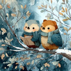 Cute Owls Reading Together on a Tree Branch in a Winter Scene