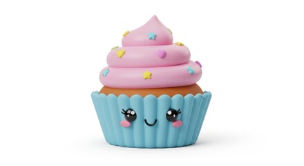 Cute cupcake pink frosting and blue wrapper with a smiling kawaii face, adorned with colorful sprinkles
