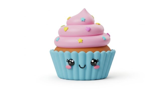 Cute cupcake pink frosting and blue wrapper with a smiling kawaii face, adorned with colorful sprinkles