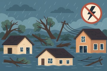 Flooded Houses During a Storm with Fallen Tree and Electric Danger, Illustration, Cartoon Style, Dark Blue