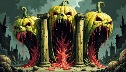 Gothic Halloween Pumpkin Pillars: Gory, Dark Fantasy Artwork