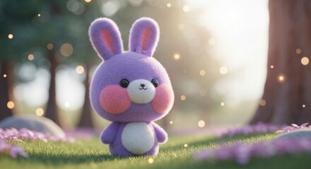 Cute, fuzzy purple bunny with pink cheeks stands on a grassy meadow with scattered flowers under sunny bokeh lights