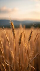 Naklejka premium Golden Wheat Field at Sunset - Close-Up of Ripe Grain Heads in a Warm, Blurry Background Landscape