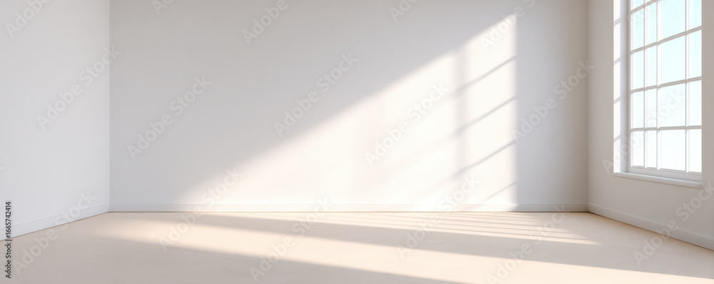 Poster bright, empty room with white walls and a large window casting shadows on the floor, creating a mini