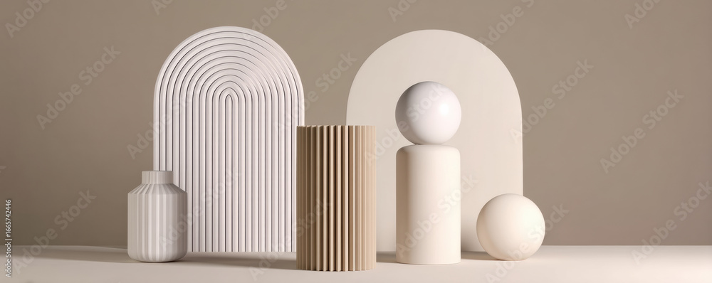 Poster minimalist arrangement of geometric shapes and forms in neutral tones, creating a stylish and contem