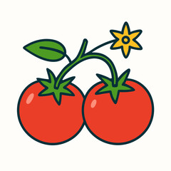 Two ripe red tomatoes with green leaves and yellow flower on white background, illustration
