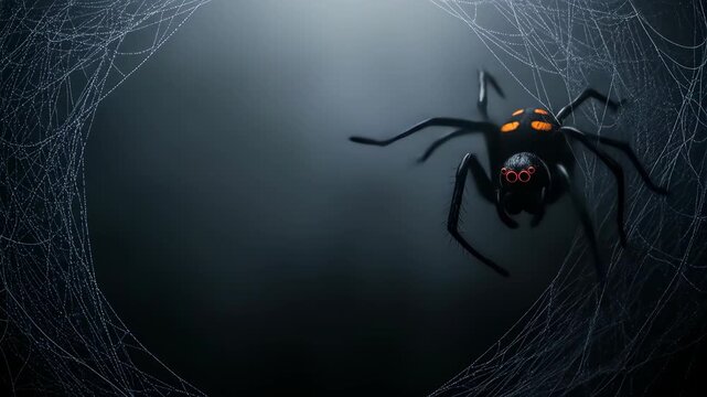 Menacing black widow spider crawling on web in dark, spooky setting with ominous lighting, perfect for Halloween themes and horror concepts